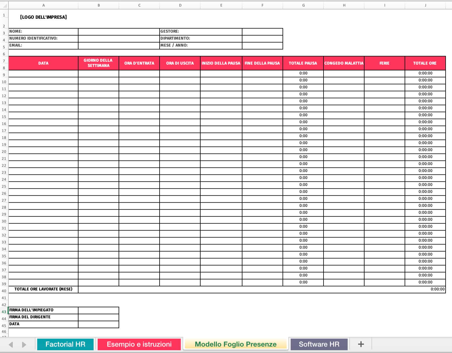 Modello gratis del foglio presenze in Excel di Factorial