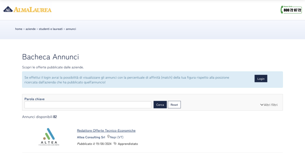Interfaccia bacheca annunci AlmaLaurea