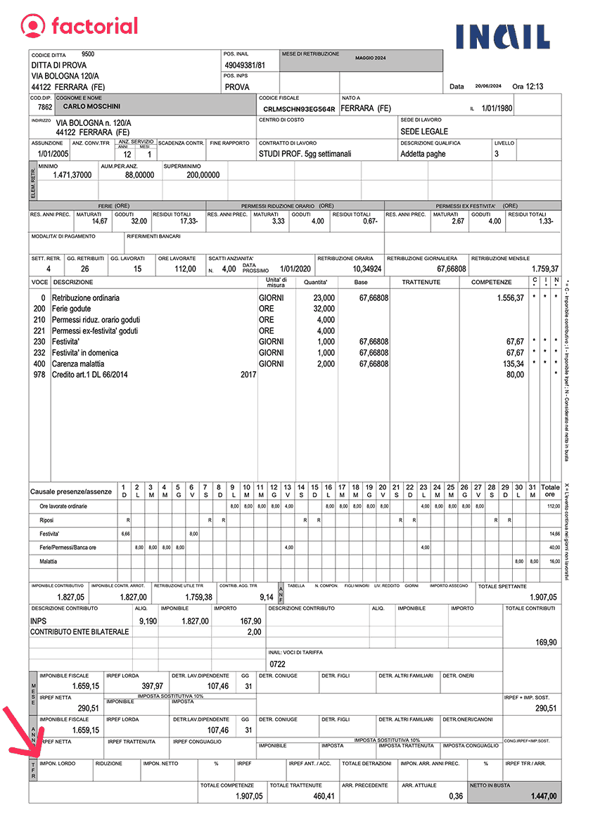 Esempio tfr in busta paga con Factorial