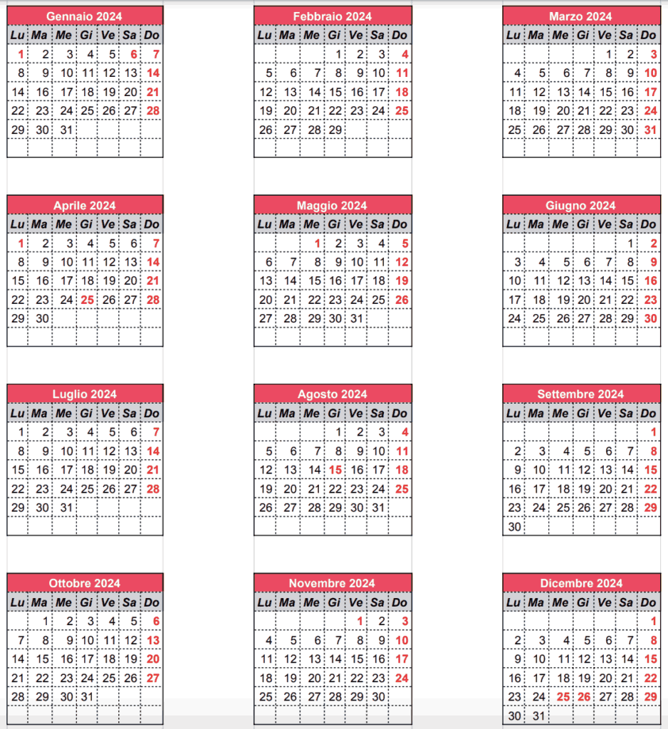 Calendario 2024 con festività in PDF, Factorial