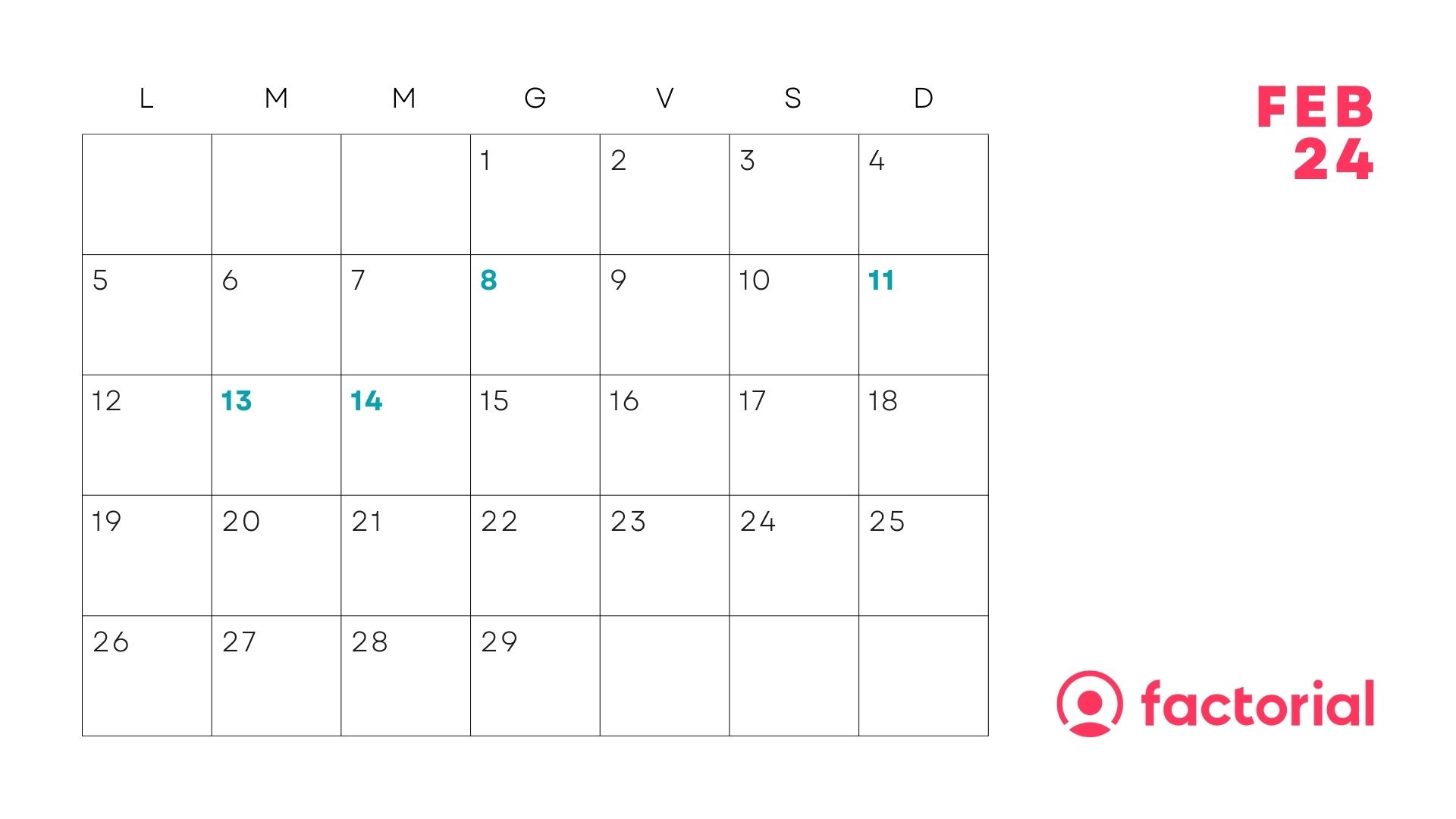 Calendario febbraio 2024 con festività - Factorial