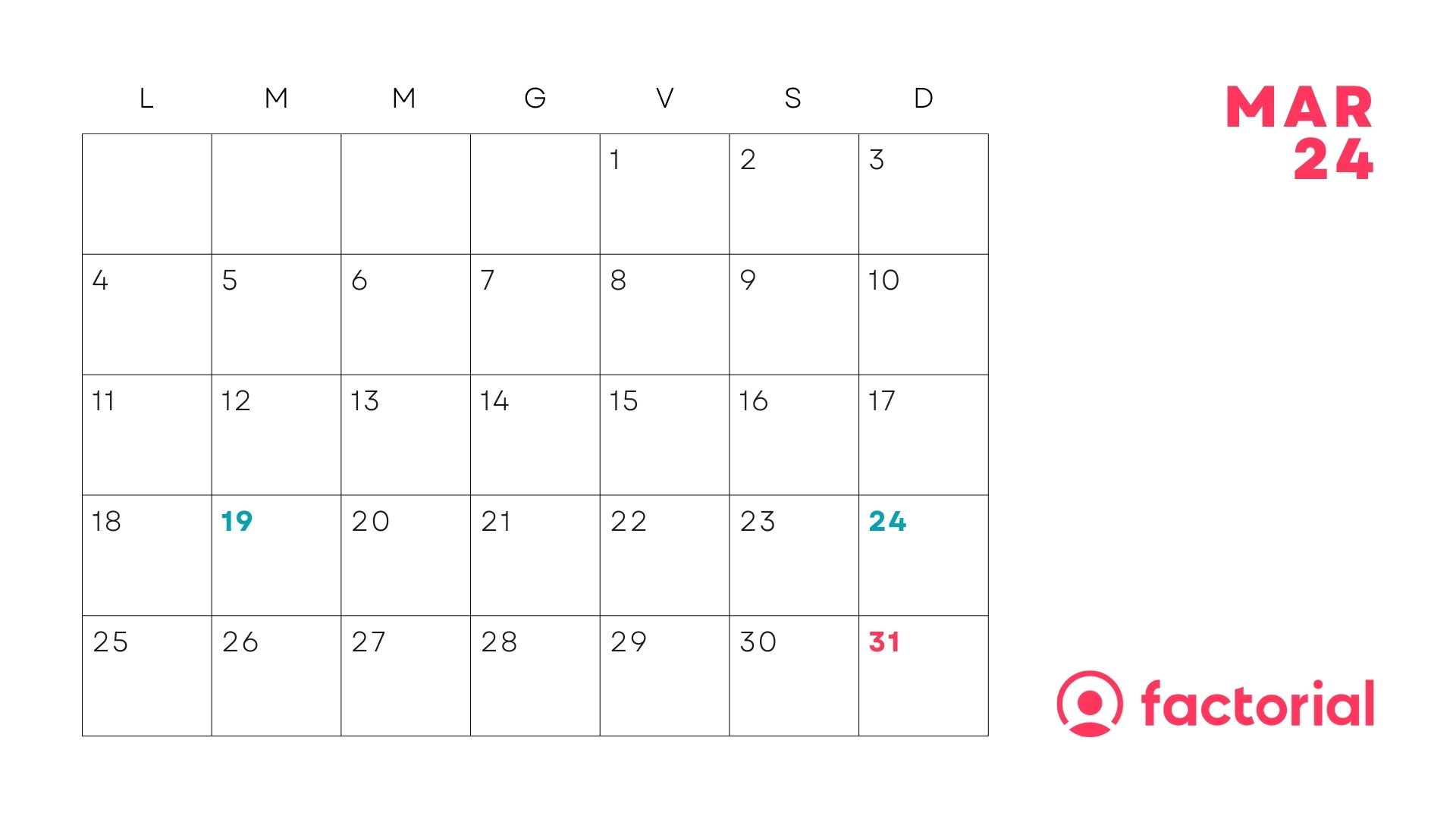 Calendario marzo 2024 con festività 