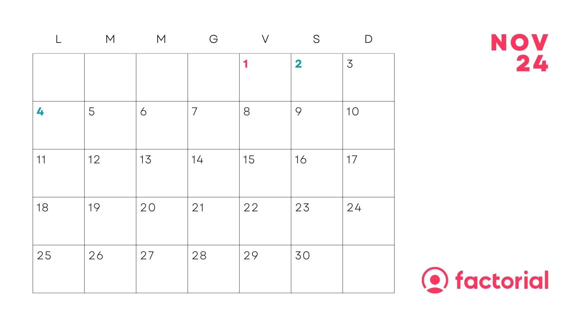 Calendario novembre 2024 con festività, formato orizzontale