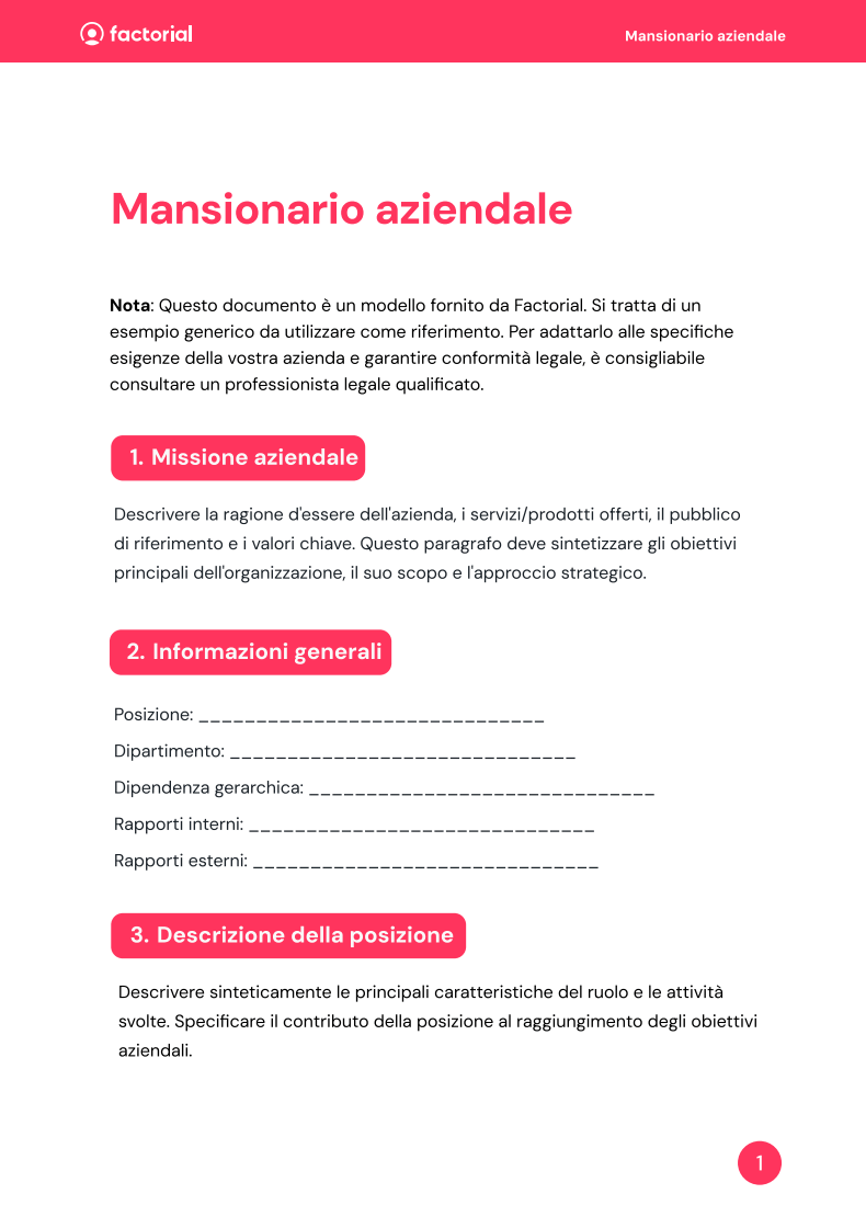 Esempio del mansionario aziendale di Factorial
