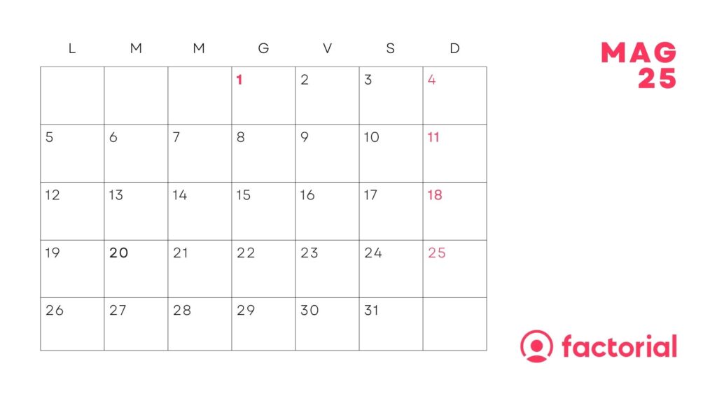 Scarica il calendario di Maggio 2025 di Factorial