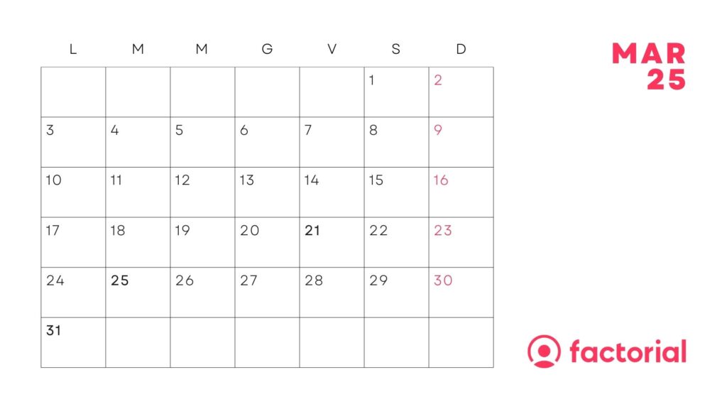 Scarica il calendario di Marzo 2025 con Factorial