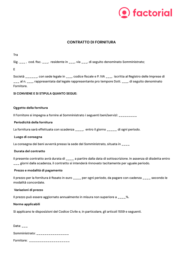 Esempio facsimile di un contratto di fornitura