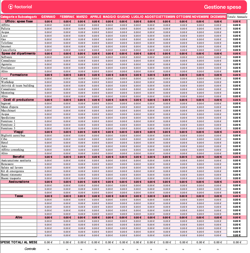 Il modello note spese excel di Factorial