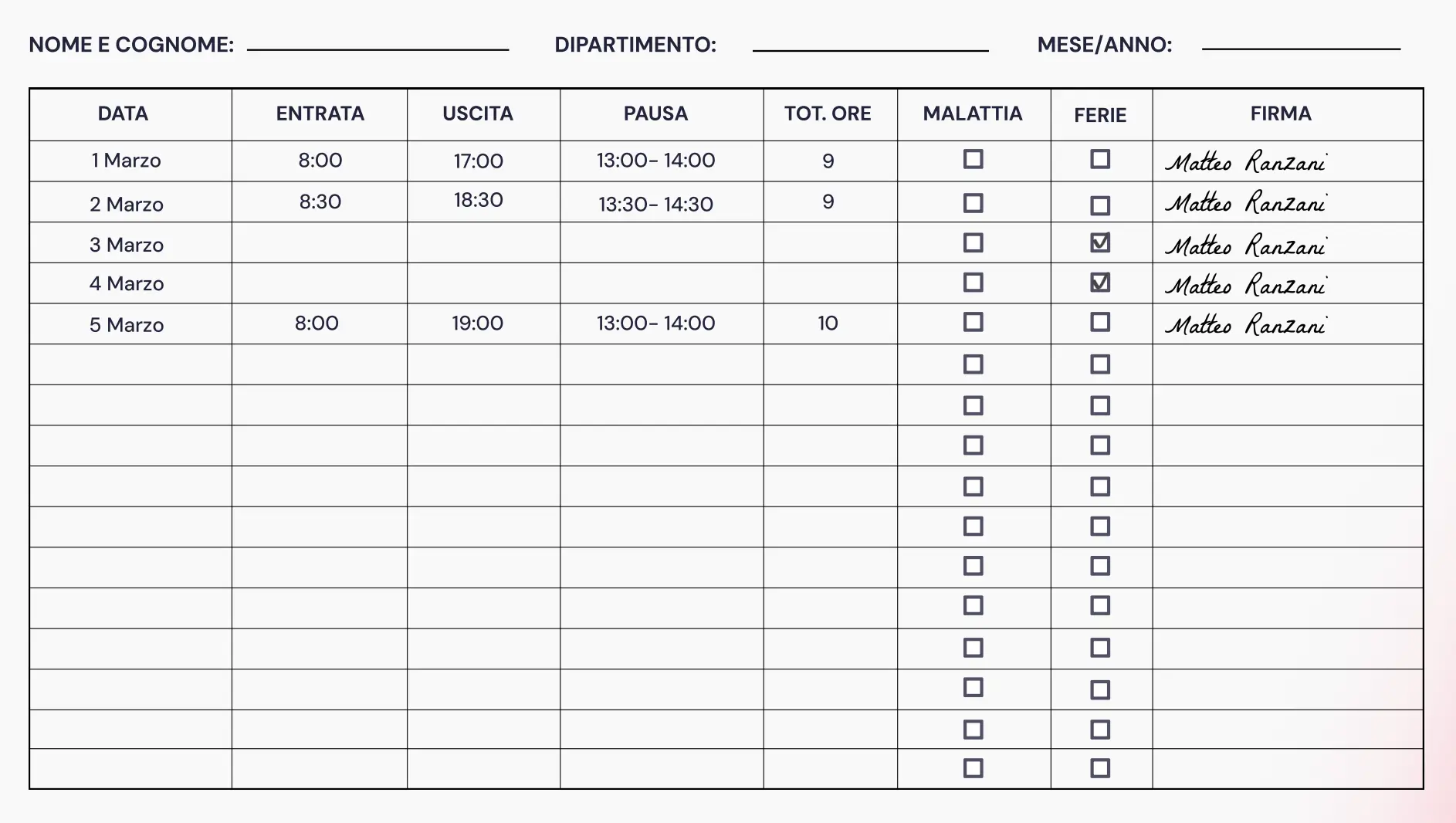 Modello gratis del foglio presenze mensile in PDF di Factorial