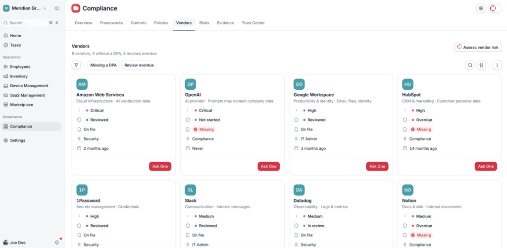 gestione dei fornitori in Factorial IT