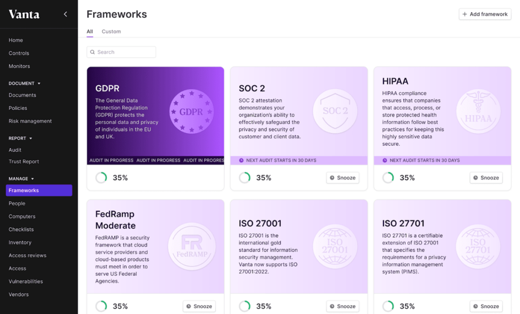 interfaccia del software Vanta